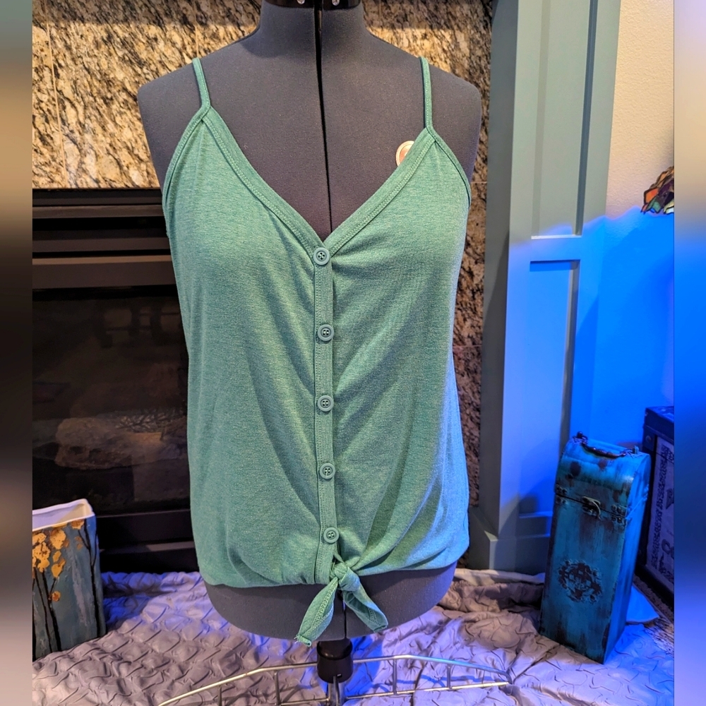 Sage Green button down tank with tie front - L